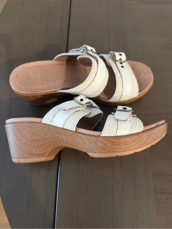 Dansko Shoes - Dansko White Leather and Woven Strap Clog Sandals with Wood-Look Platform